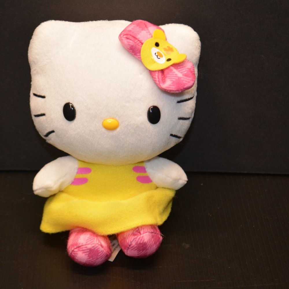 Sanrio Hello Kitty Cat Plush Stuffed Animal Doll Yellow Pink Dress Teddy Bow 6"